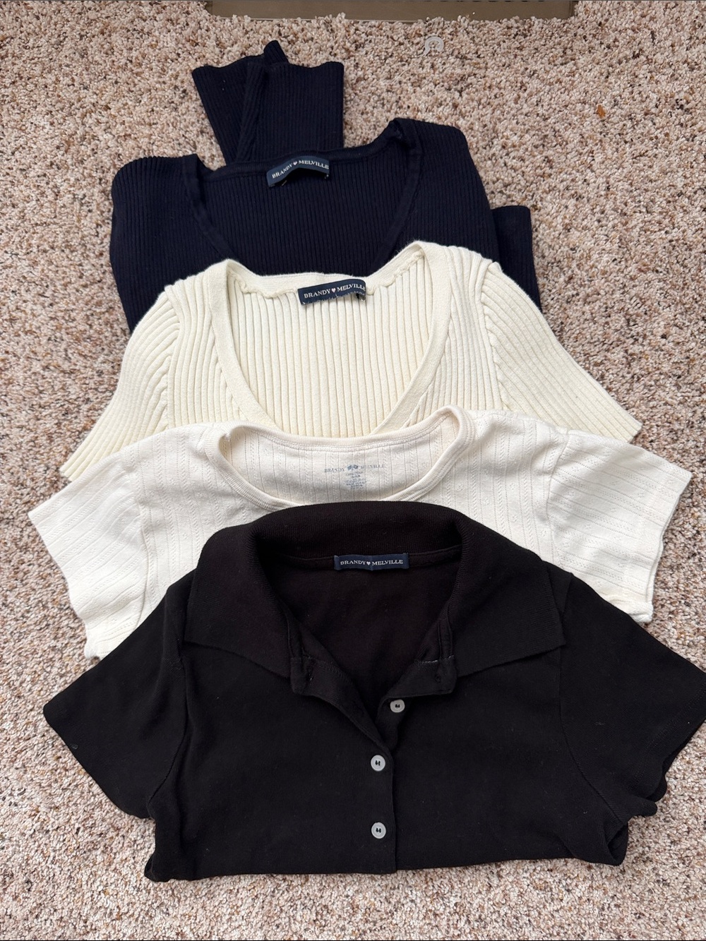 Brandy Melville Neutral Ribbed & Polo Top Set — Black & Cream